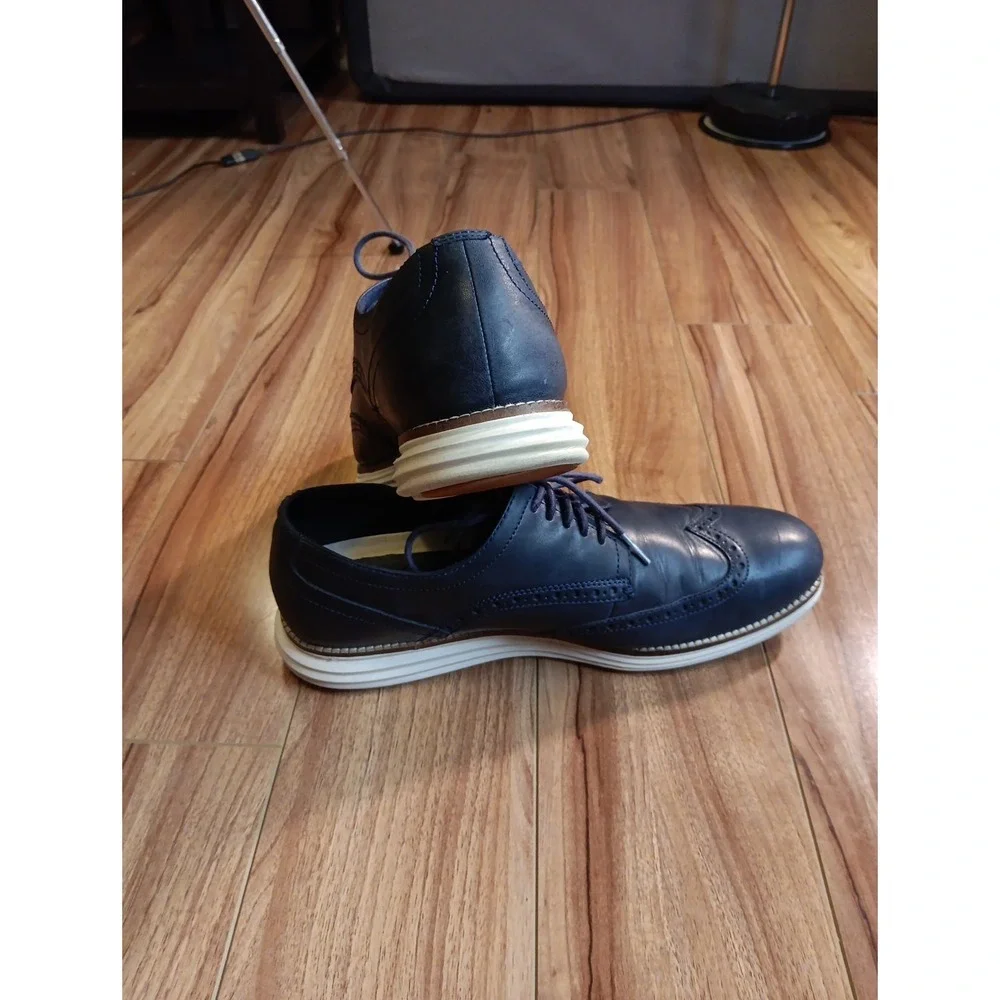 Cole Haan Mens Wingtip Oxford Lace Up Shoes Navy Leather Grand Zero Original 10M